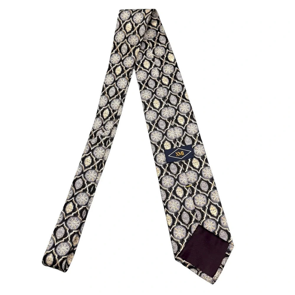 XMI 100% Silk Dress Tie Made in USA Black Geometric Pattern‎ 58